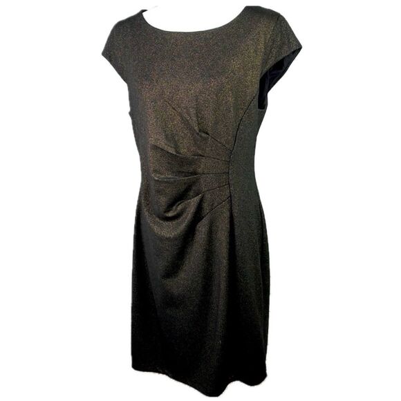 Boston Proper Speckled Metallic Bronze Fan Pleats Cap Sleeve Sheath Dress L - Picture 1 of 11